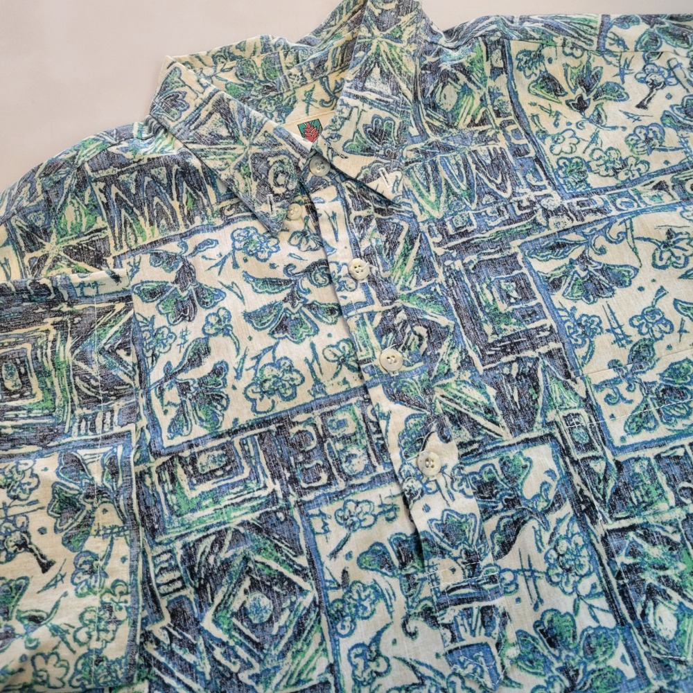 Vtg Tori Richard Mens Large Blue Green Tropical Print Hawaiian Shirt Made in USA